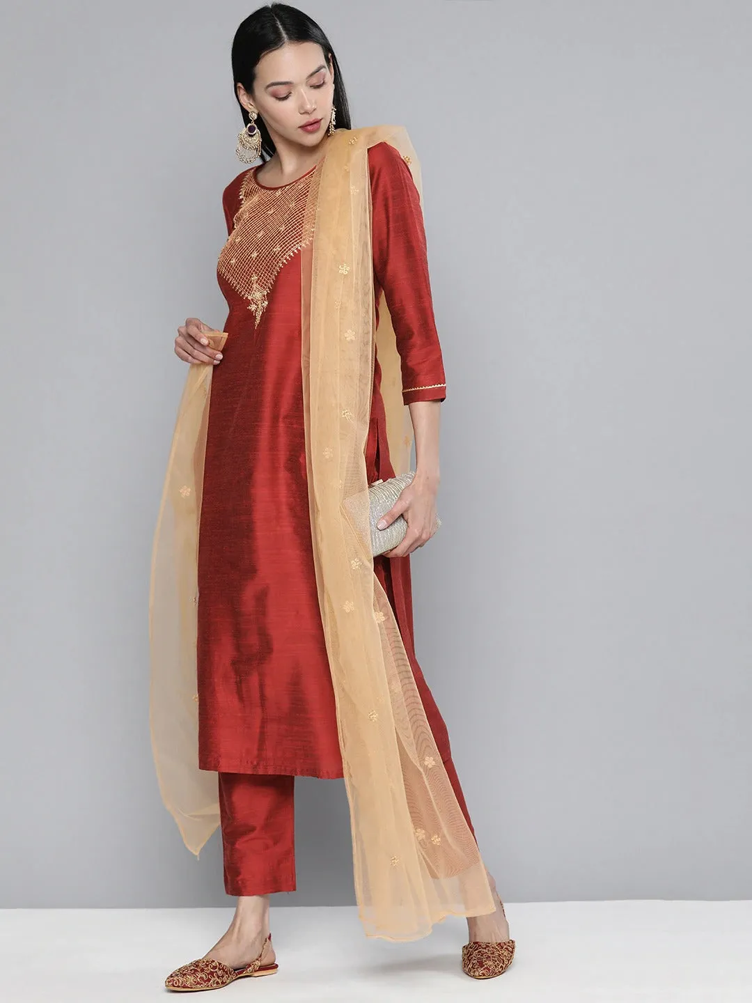 South Cotton Red Kurta Set With Pants and Dupatta For Women