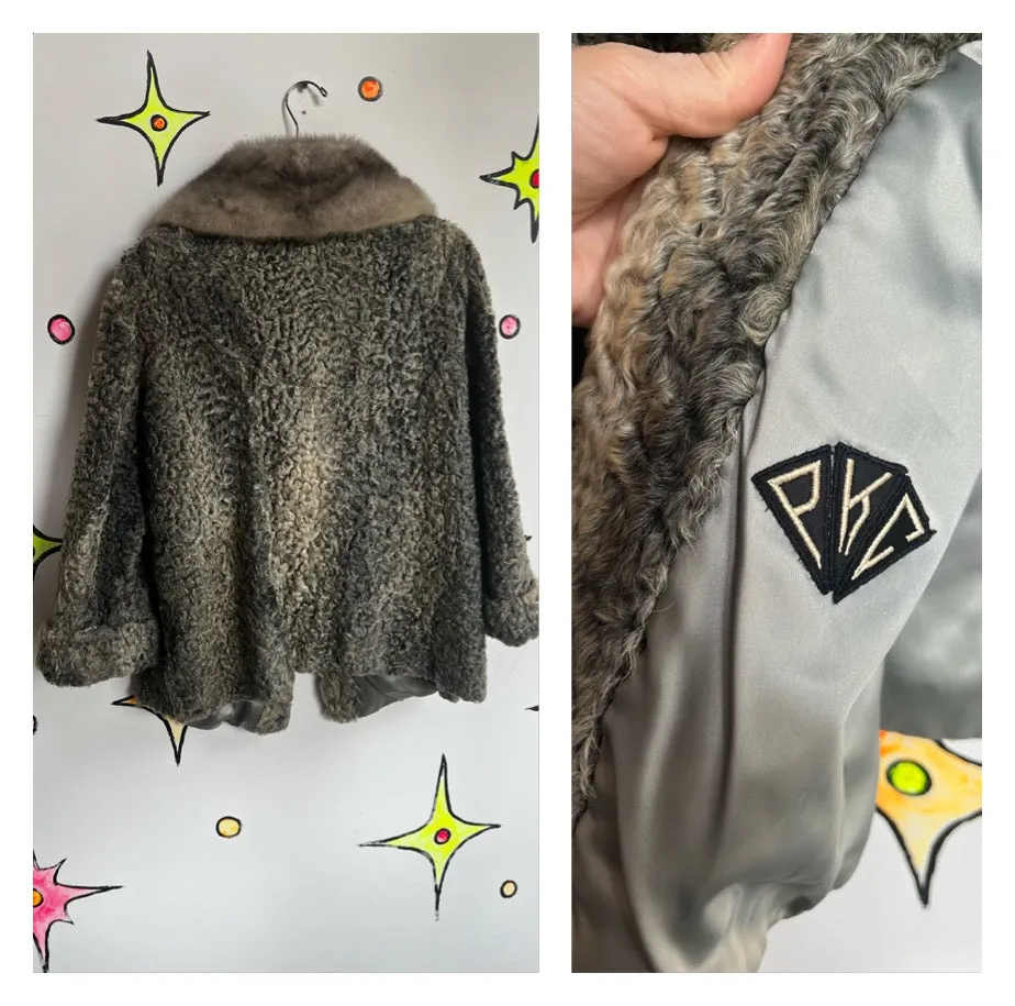 Vintage 40s 50s | Gray Lambswool Fur Coat with Mink Collar | Small